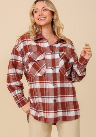 Plaid Button Down Shacket Clay Combo