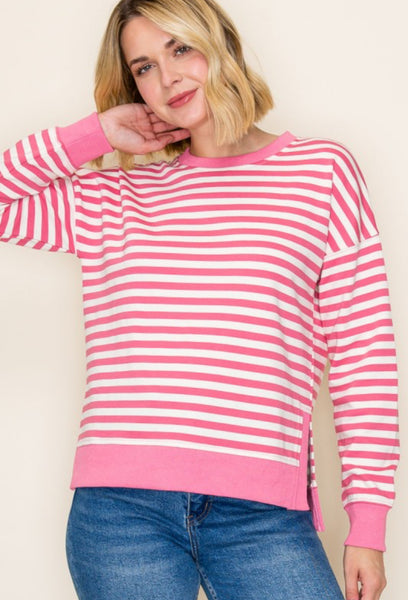 Pink Stripe Side Slit Sweatshirt