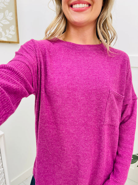 Evelyn Ribbed Knit Pocket Top Plum