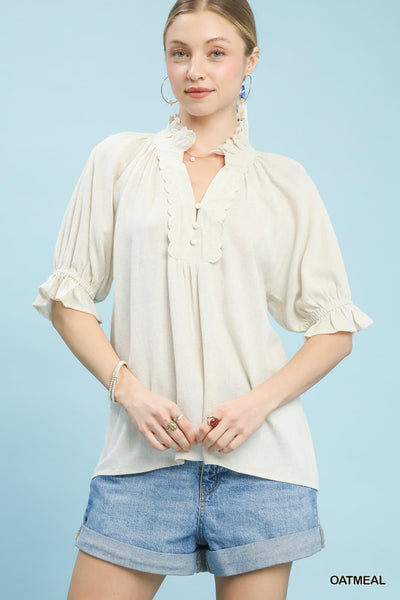 UMGEE Scalloped Ruffle Detail Top Oatmeal