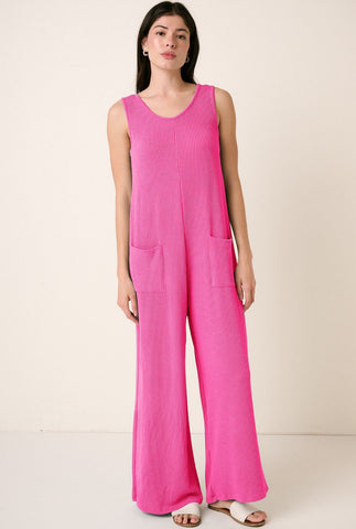 Textured Ribbed Knit Pocket Jumpsuit Hot Pink