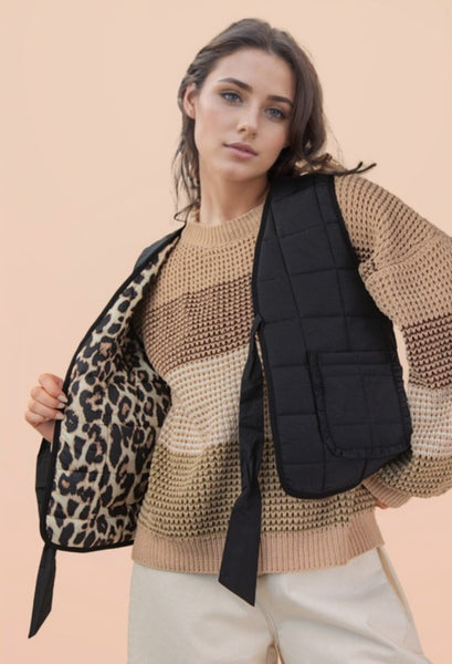 Black Leopard Lined Quilted Vest