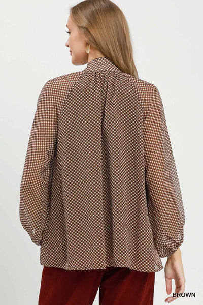 UMGEE Dot Print Tie Neck Top Brown