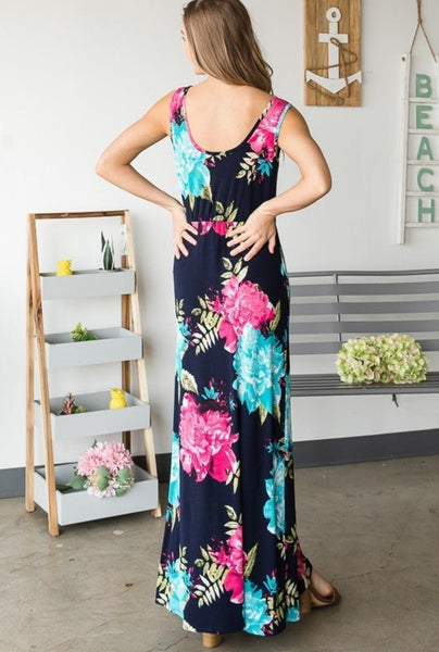 Dark Navy Mint Fuchsia Floral Maxi Dress