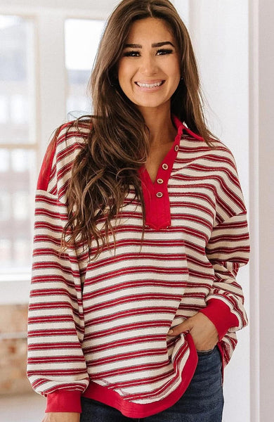 Red Striped Collared Relaxed Fit Top