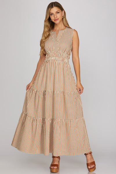 Mocha Gingham Tiered Maxi Dress