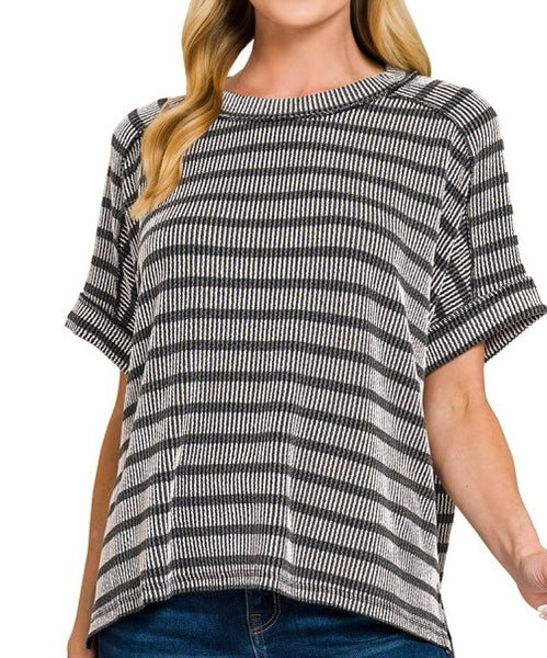 Stripe Two Tone Textured Top Black