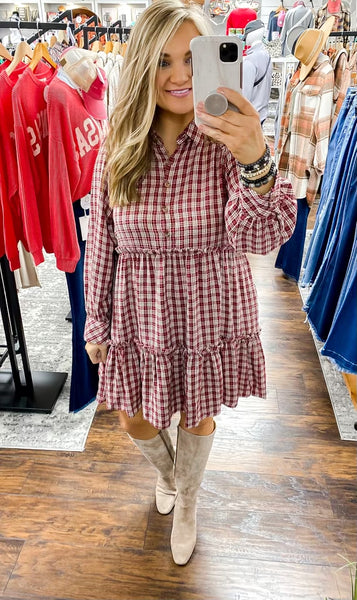 UMGEE Merlot Plaid Ruffle Dress