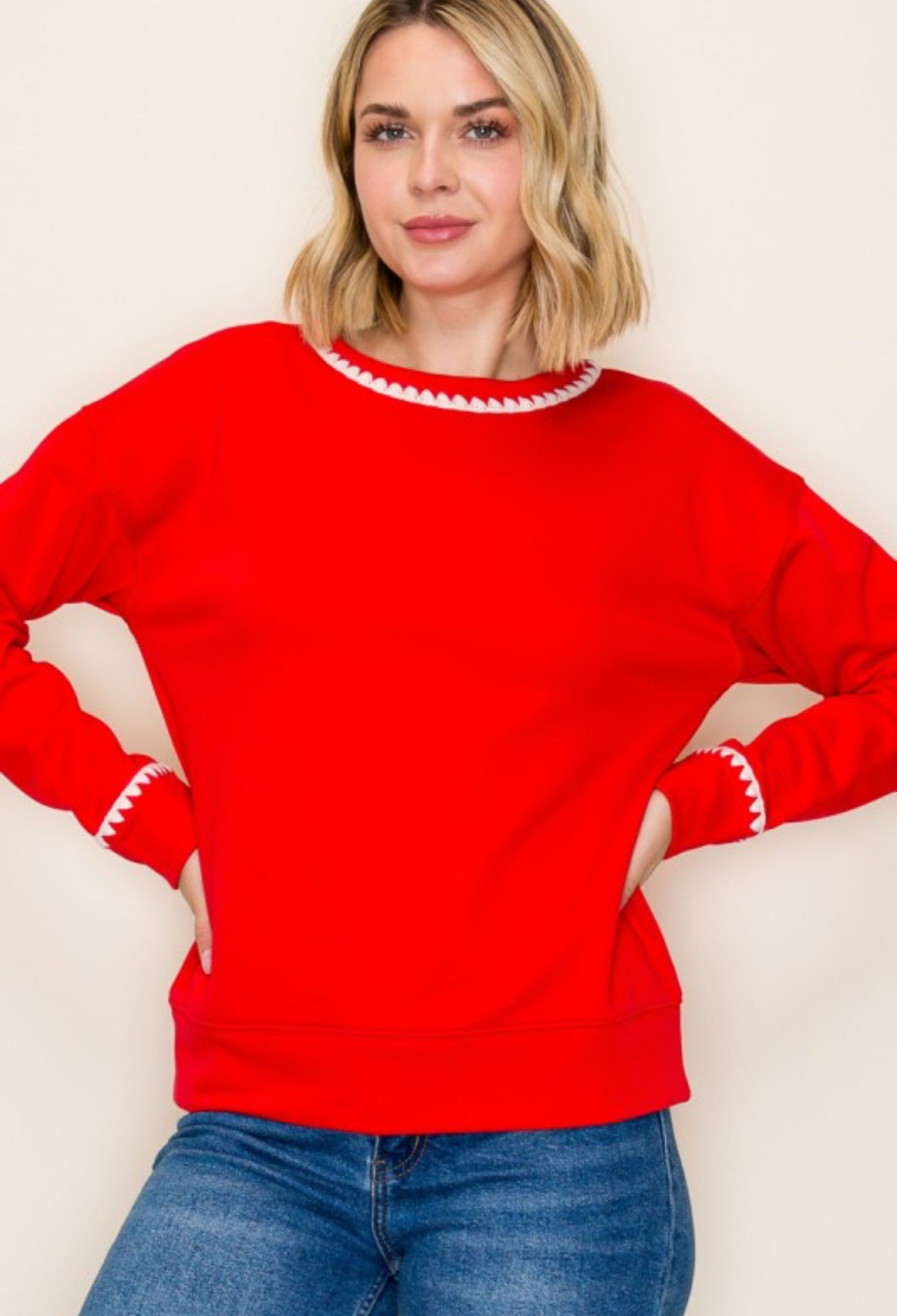 Contrast Stitch Cotton Luxe Sweatshirt Red