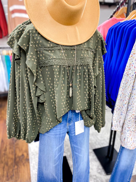 Dark Green Swiss Dot Ruffle Shoulder Top