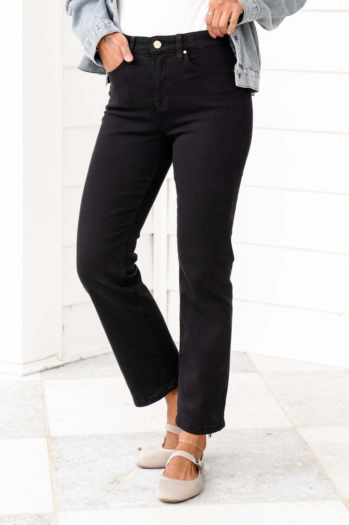 RISEN  Black Tummy Control Crop Straight Jean
