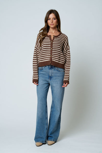Crochet Knit Stripe Cardigan Top Chocolate