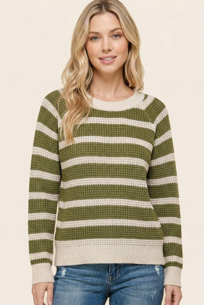 Waffle Knit Striped Sweater Matcha Latte