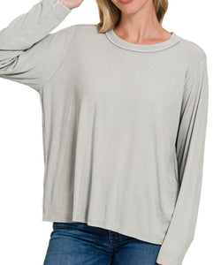 Washed Ribbed Long Sleeve Top Grey