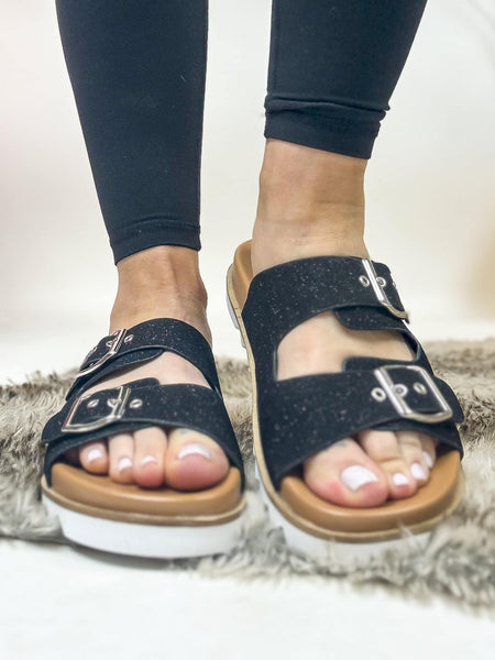 CORKYS Black Shimmer Dash Sandals