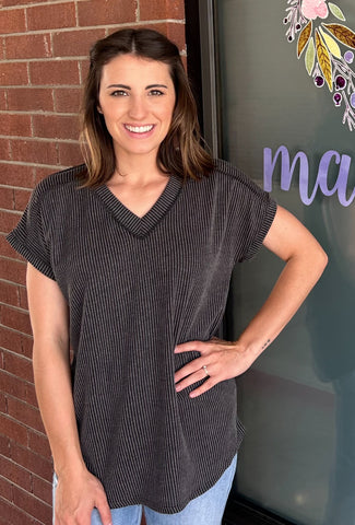 Ribbed V Neck Top Charcoal