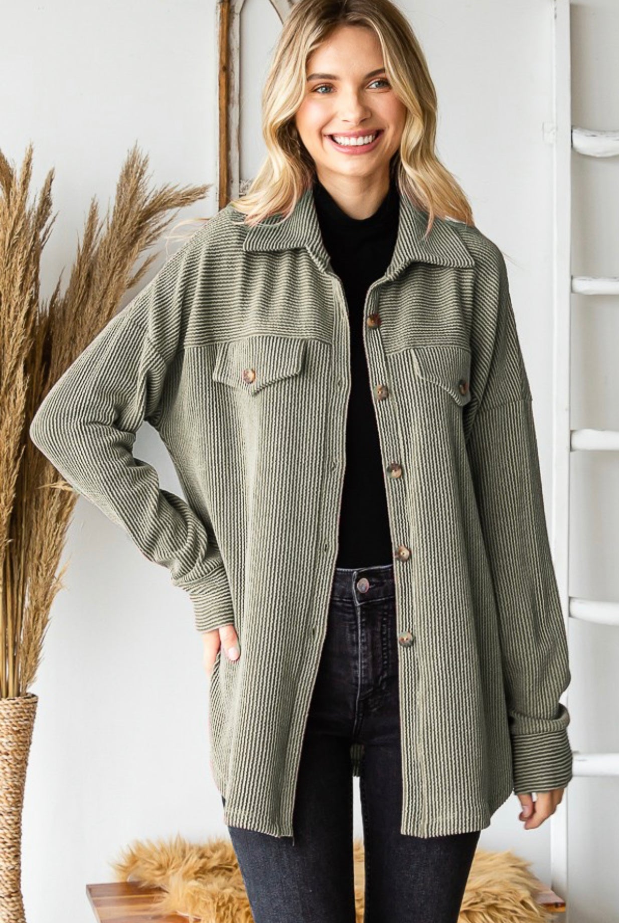 Textured Button Down Shacket Olive