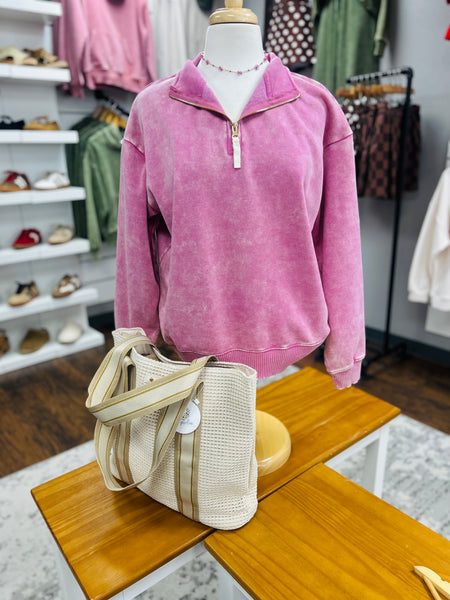 Acid Wash Half Zip Sweatshirt Rose