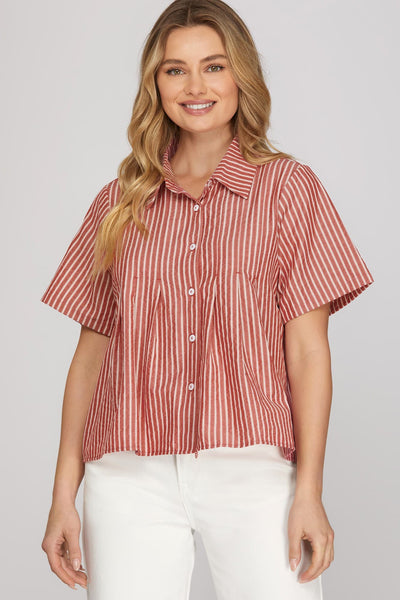 Short Sleeve Striped Collar Top Red
