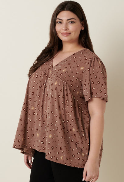 Taupe Floral Print Woven V Neck Top