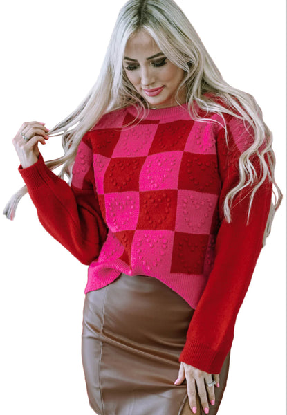 Checkered Heart Textured Sweater