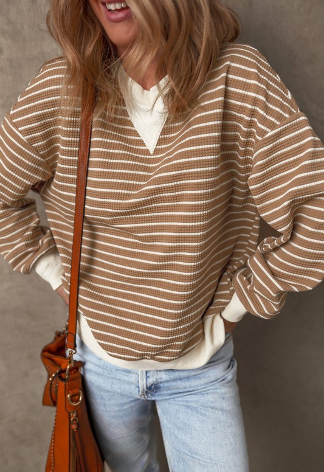 Khaki Stripe Textured Pullover Top