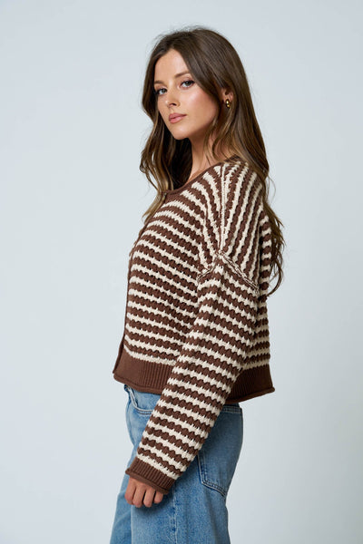 Crochet Knit Stripe Cardigan Top Chocolate