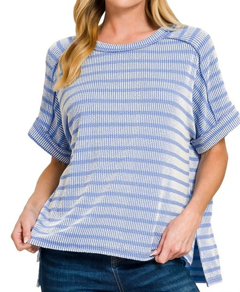 Stripe Two Tone Textured Top Blue