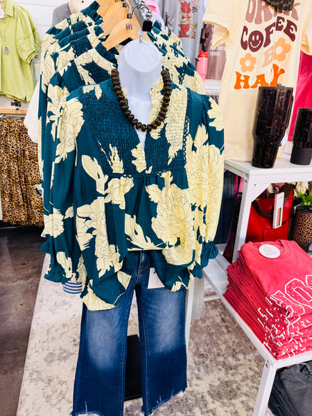 UMGEE Hampton Leaf Print Top Teal