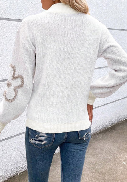 Ivory Floral Half Zip Sweater Pullover