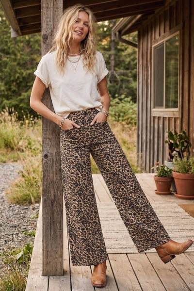 Leopard Twill Wide Leg Pant