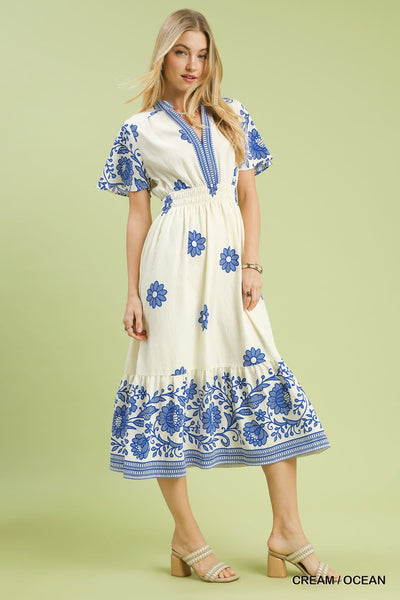 UMGEE Floral Midi Dress Ocean Cream
