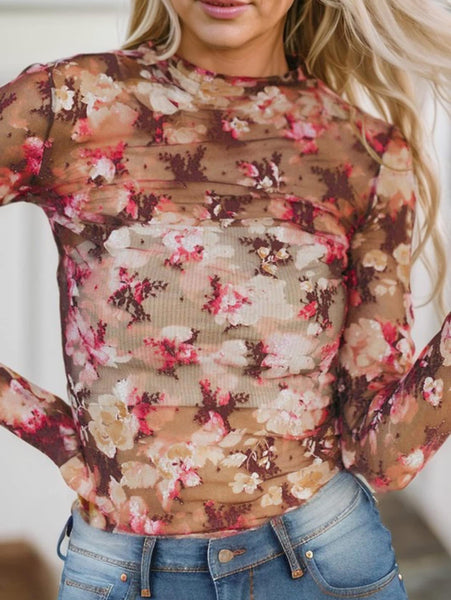 Wine Floral Mesh Layering Top