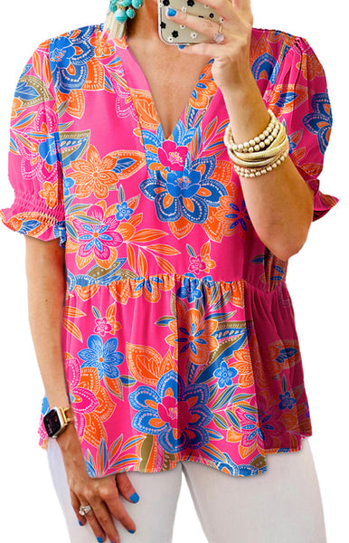 Cabana Pink Floral Abstract Puff Sleeve Top