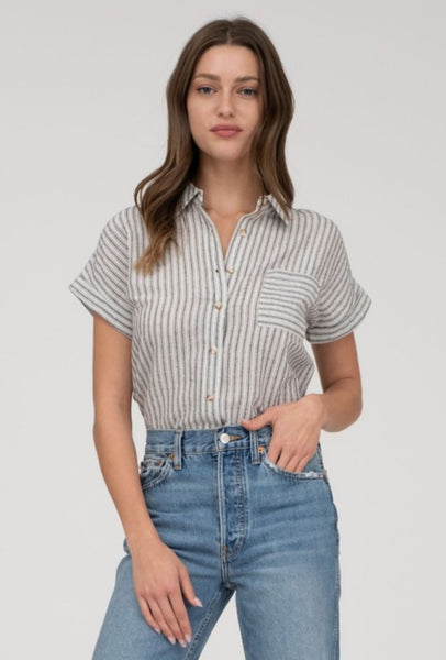 Stripe Collared Linen Blend Button Down Black