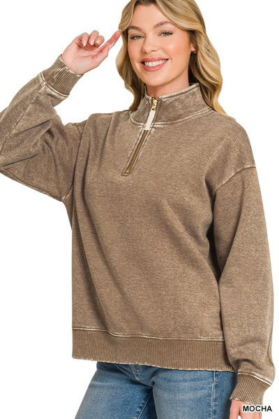 Acid Wash Half Zip Sweatshirt Mocha
