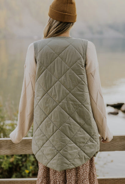 Dusty Green Quilted Long Puffer Vest