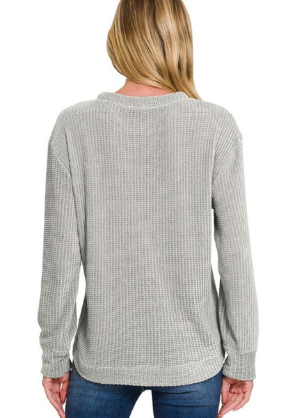 Chenille Waffle Knit Crew Sweater Grey