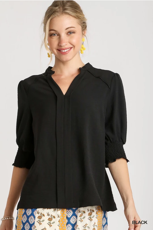 UMGEE Smocked Cuff Popover Top Black