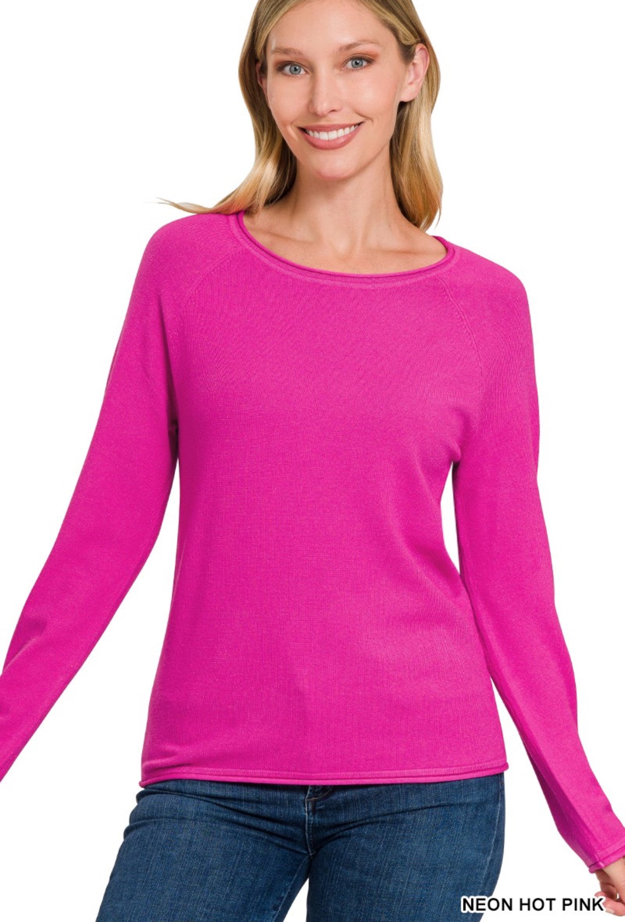 Round Neck Basic Sweater Hot Pink