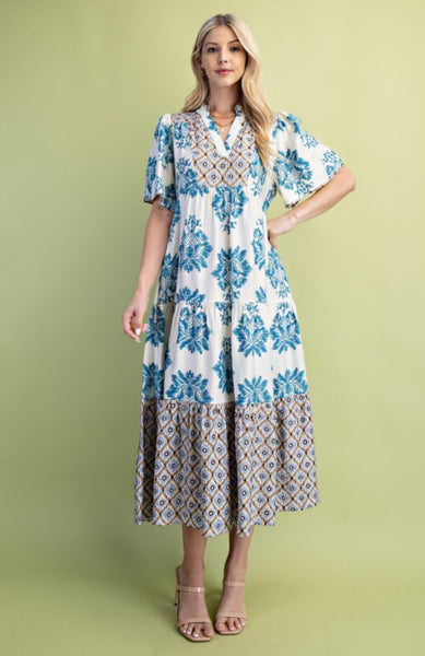 Teal Mix Print Midi Dress