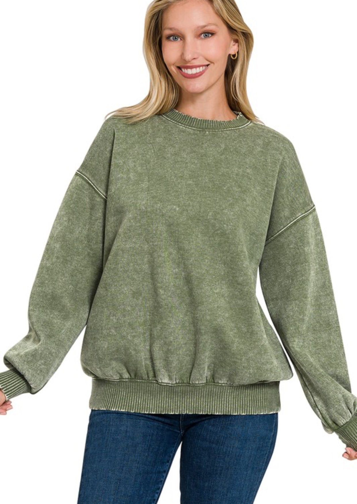 Acid Wash Fleece Oversized Pullover Light Olive