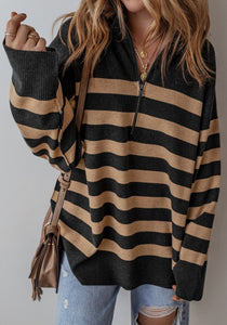 Stanford Stripe Quarter Zip Sweater Black Tan