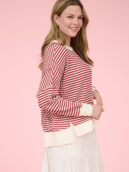 Red Stripe Exposed Seam Sweater Top