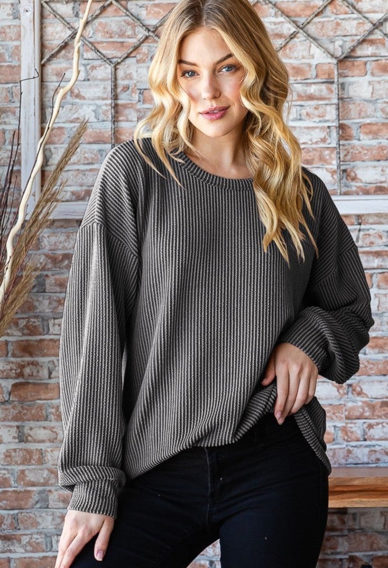 Urban Ribbed Long Sleeve Top Charcoal