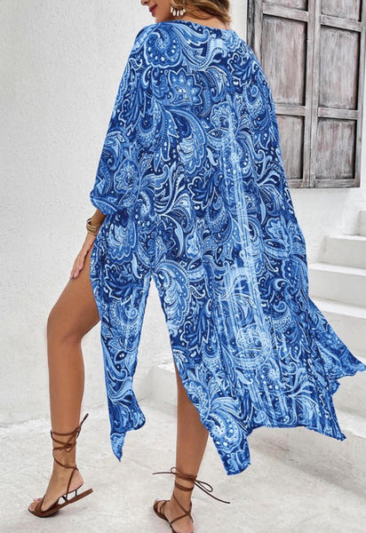 Boho Print Cardigan Duster Kimono Blue