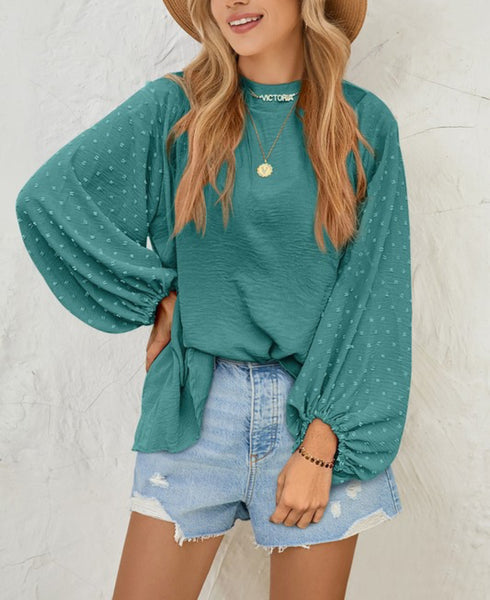 Teal Swiss Dot Balloon Sleeve Top