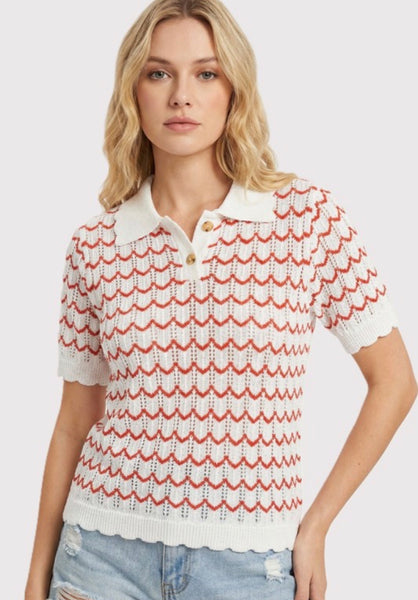 Collared Knit Stripe Top Red