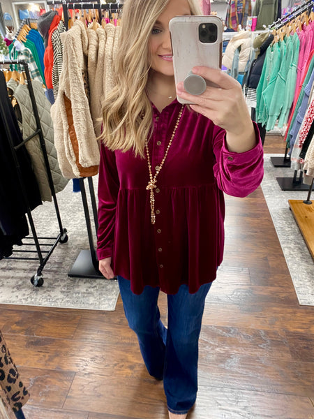 UMGEE Velvet Button Down Collared Top Ruby