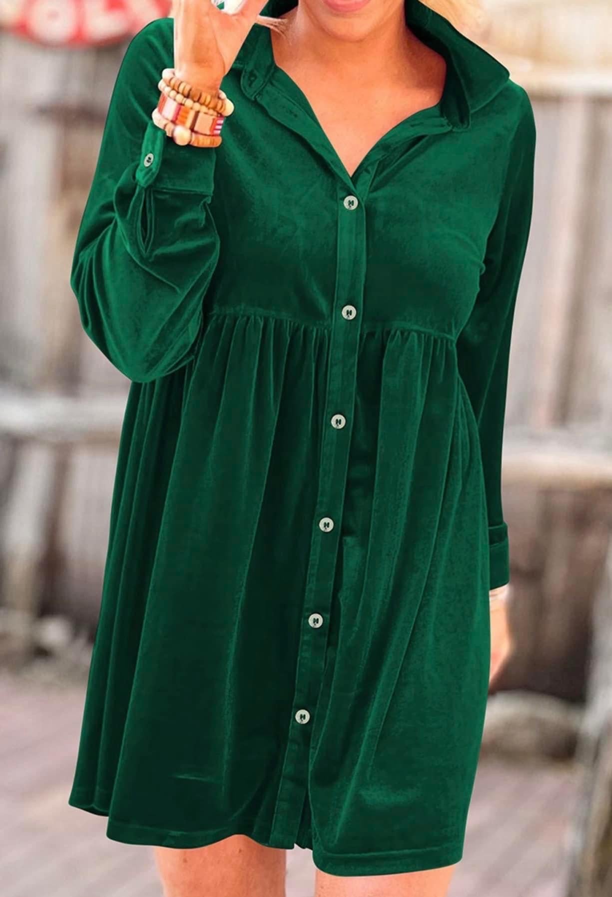 Velvet Button Down Dress Green